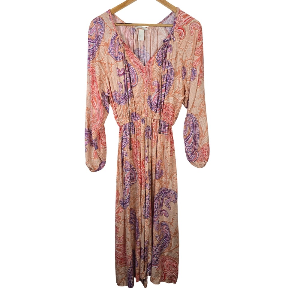 H&M Womens Orange Paisley Maxi Dress Size 2 Boho Long Sleeve V-Neck Viscose